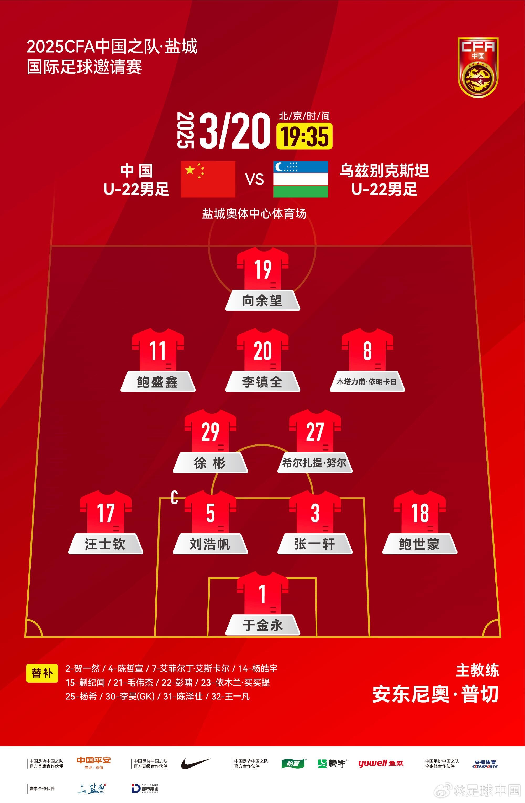 中國U-22男足VS烏茲別克斯坦U-22男足，中國隊首發(fā)名單出爐